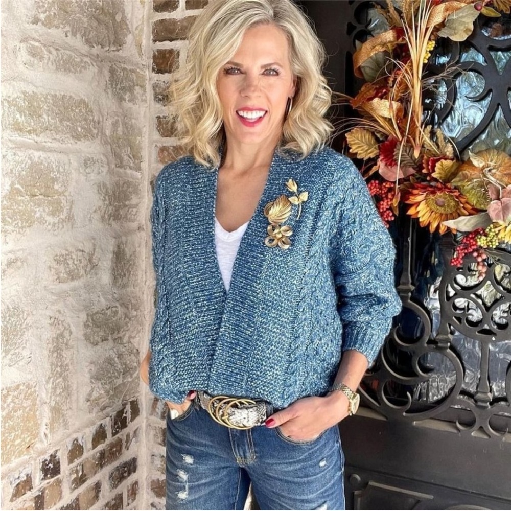 CAbi Astral Sweater 4095 Chunky Knit Open Cardigan Blue Cableknit